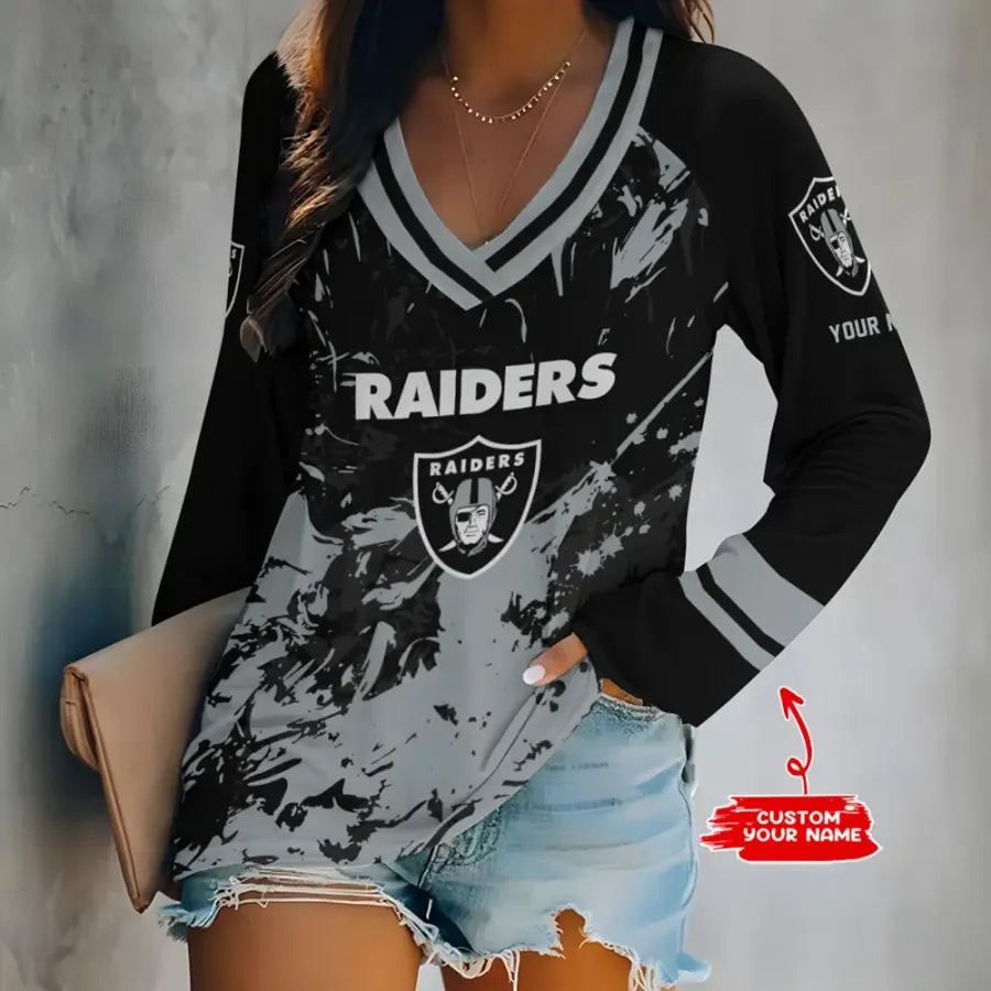 [HOT DEAL] NEW CUSTOMIZED NFL07 LVR LAS VEGAS RAIDERS WOMEN'S V-NECK LONG SLEEVED SHIRT