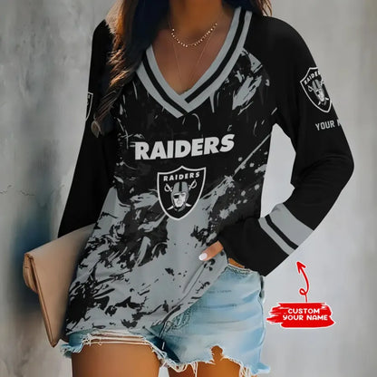 [HOT DEAL] NEW CUSTOMIZED NFL07 LVR LAS VEGAS RAIDERS WOMEN'S V-NECK LONG SLEEVED SHIRT