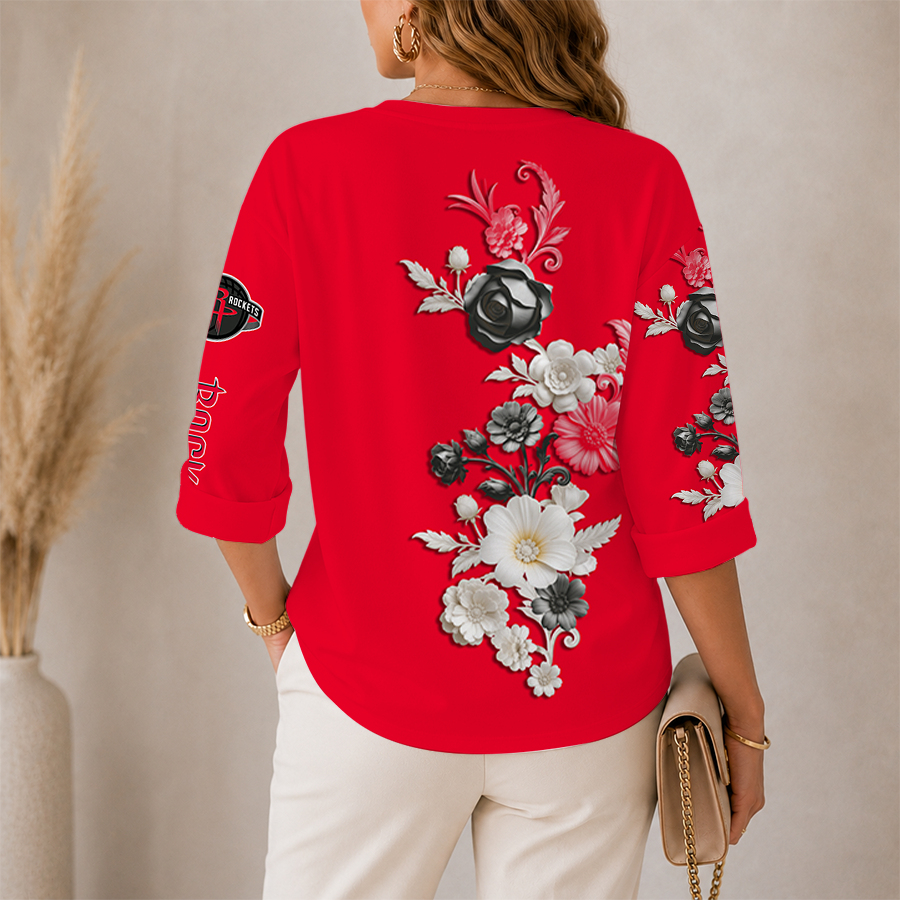 LIMITED EDITION - NEW CUSTOMIZED NBA07 HRO HOUSTON ROCKETS WOMEN'S V-NECK LONG SLEEVE SHIRT