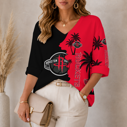 [HOT DEAL] NEW CUSTOMIZED NBA07 HRO HOUSTON ROCKETS WOMEN'S V-NECK LONG SLEEVE SHIRT