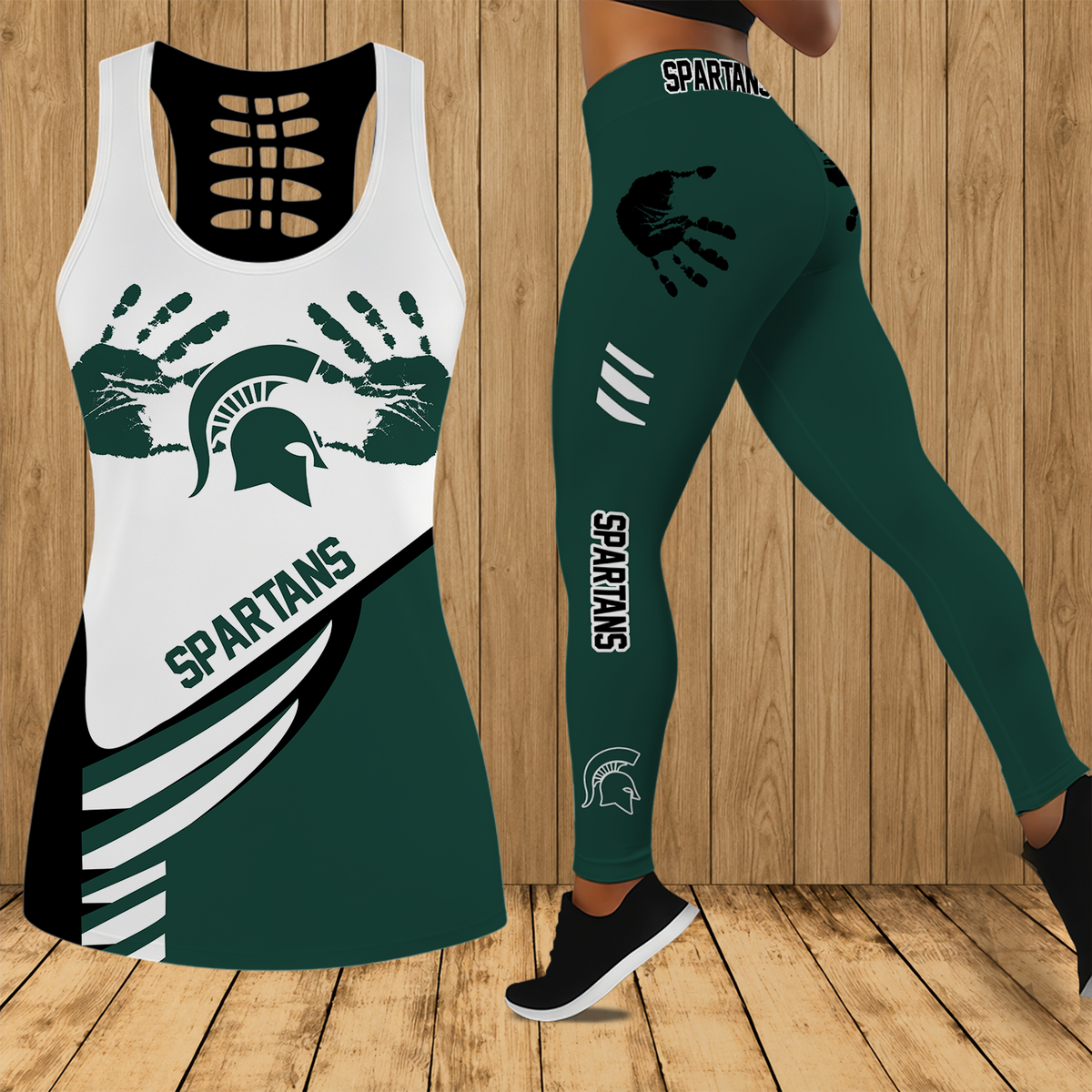 [FAN FAVORITE] NEW CUSTOMIZED NCAA MAM07 MSS MICHIGAN STATE SPARTANS STRAPPY HOLLOW TANK TOP & LEGGINGS SET