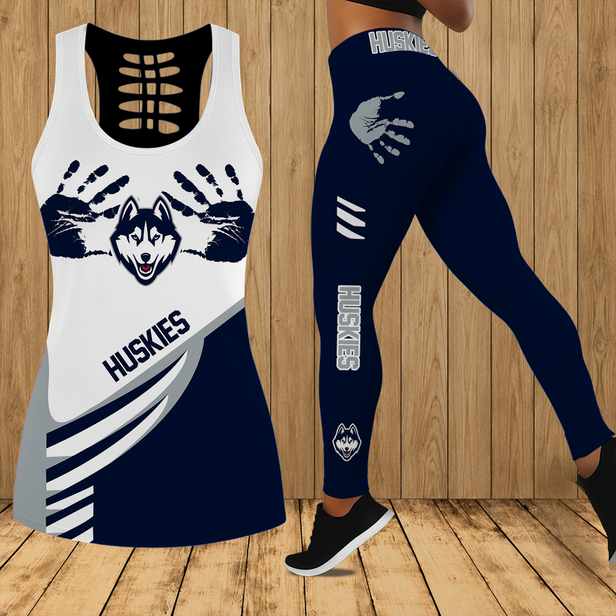 [FAN FAVORITE] NEW CUSTOMIZED NCAA CFH07 UCH UCONN HUSKIES HOLLOW TANK TOP & LEGGINGS SET