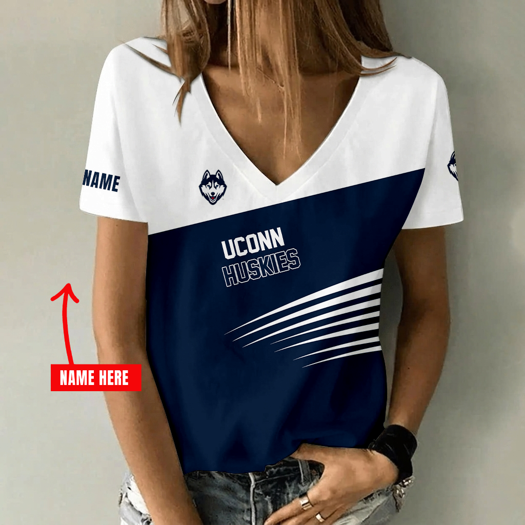 [FAN FAVORITE] NEW CUSTOMIZED NCAA CFH07 UCH UCONN HUSKIES V-NECK FEMALE SHIRT