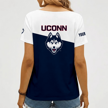 [FAN FAVORITE] NEW CUSTOMIZED NCAA CFH07 UCH UCONN HUSKIES V-NECK FEMALE SHIRT