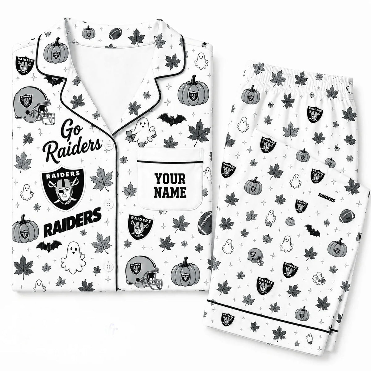 [SPECIAL OFFER] NEW CUSTOMIZED NFL07 LVR LAS VEGAS RAIDERS HALLOWEEN LONG PAJAMAS SET