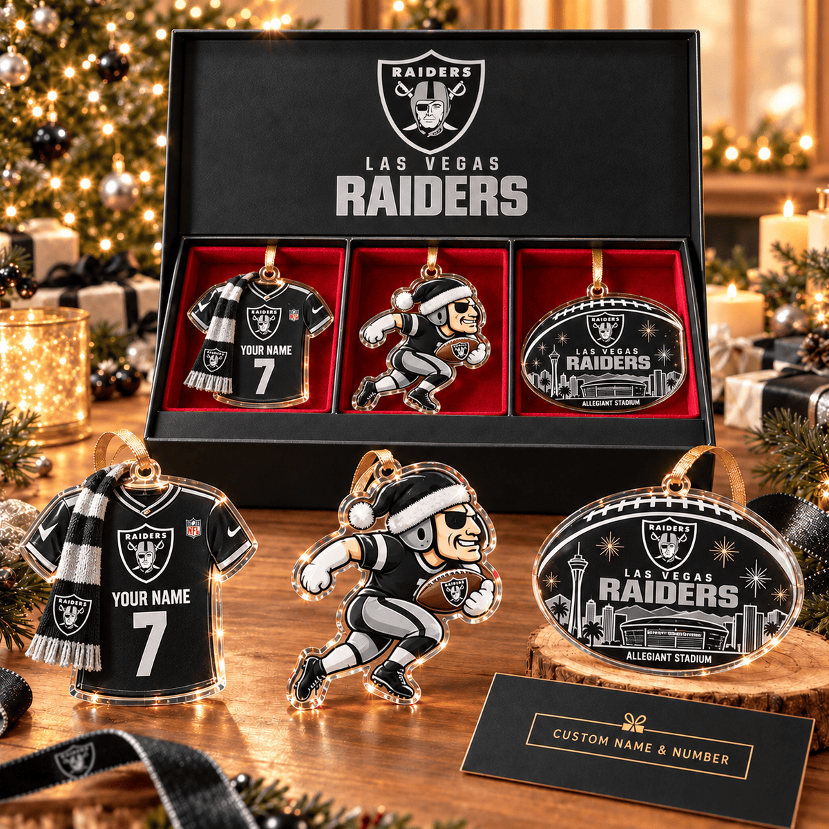 [FULL SET 3 ITEMS - NO BOX] NEW CUSTOMIZED NFL07 LVR LAS VEGAS RAIDERS CHRISTMAS ACRYLIC ORNAMENT