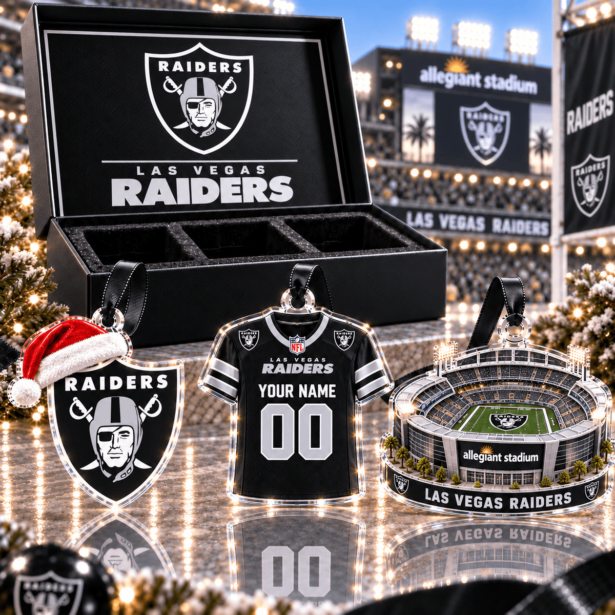 [FULL SET 3 ITEMS - NO BOX] NEW CUSTOMIZED NFL07 LVR LAS VEGAS RAIDERS CHRISTMAS ACRYLIC ORNAMENT