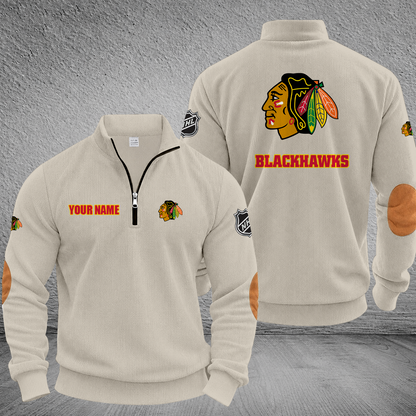 [SUPER SALE] NEW CUSTOMIZED NHL08 CBH CHICAGO BLACKHAWKS MULTICOLOR STRIPED QUATER ZIP SWEATSHIRT