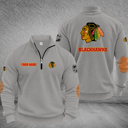 [SUPER SALE] NEW CUSTOMIZED NHL08 CBH CHICAGO BLACKHAWKS MULTICOLOR STRIPED QUATER ZIP SWEATSHIRT
