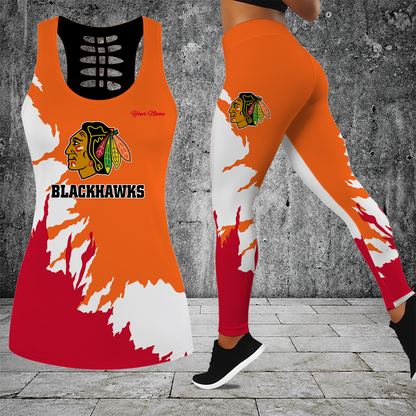[SUPER SALE] NEW CUSTOMIZED NHL08 CBH CHICAGO BLACKHAWKS HOLLOW TANK TOP & LEGGINGS SET