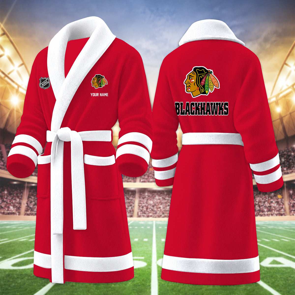 [SUPER SALE] NEW CUSTOMIZED NHL08 CBH CHICAGO BLACKHAWKS MULTICOLOR FLEECE BATHROBE