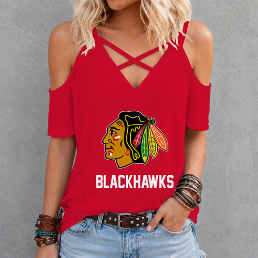 [SUPER SALE] NEW CUSTOMIZED NHL08 CBH CHICAGO BLACKHAWKS CRISS CROSS V-NECK TOP