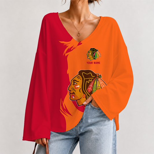 [SUPER SALE] NEW CUSTOMIZED NHL08 CBH CHICAGO KHAKIHAWKS V-NECK LONG SLEEVED CROP TOP