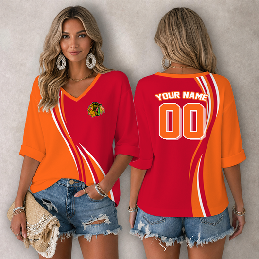 [SUPER SALE] NEW CUSTOMIZED NHL08 CBH CHICAGO BLACKHAWKS WOMEN'S HEART V-NECK LONG SLEEVE SHIRT