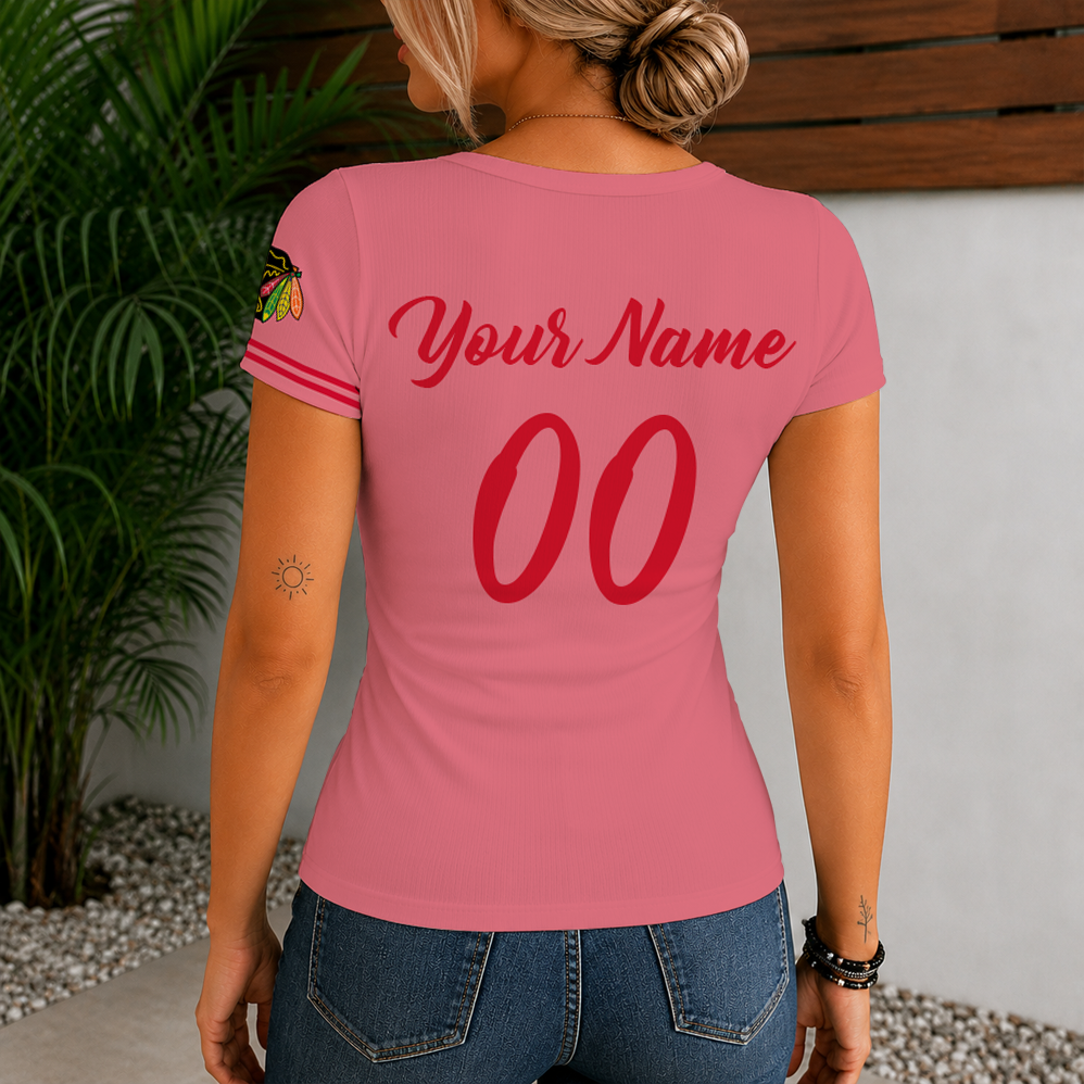 [SUPER SALE] NEW CUSTOMIZED NHL08 CBH CHICAGO BLACKHAWKS WOMEN'S SHORT SLEEVE HENLEY T-SHIRT