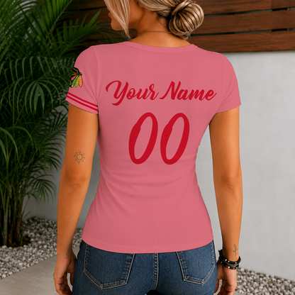 [SUPER SALE] NEW CUSTOMIZED NHL08 CBH CHICAGO BLACKHAWKS WOMEN'S SHORT SLEEVE HENLEY T-SHIRT