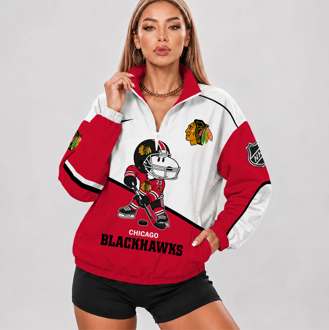 [SUPER SALE] NEW CUSTOMIZED NHL08 CBH CHICAGO BLACKHAWKS V-NECK ZIPPER SWEATSHIRT JACKET