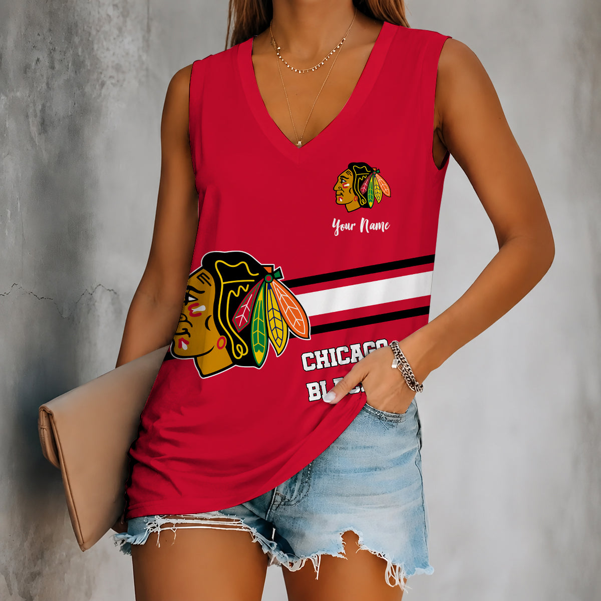 [SUPER SALE] NEW CUSTOMIZED NHL08 CBH CHICAGO BLACKHAWKS WOMEN'S V-NECK TANK TOP