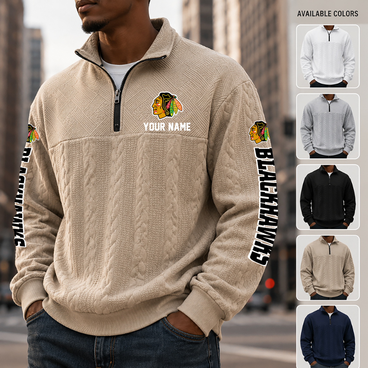 [SUPER SALE] NEW CUSTOMIZED NHL08 CBH CHICAGO BLACKHAWKS MULTICOLOR QUARTER-ZIP SWEATSHIRT