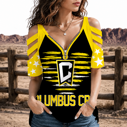 [FAN EXCLUSIVE] NEW CUSTOMIZED MLS08 CLC COLUMBUS CREW STRAPPY COLD-SHOULDER TOP