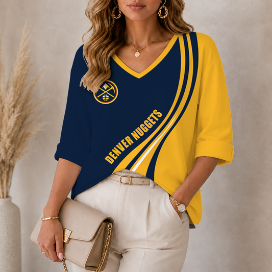 [HOT DEAL] NEW CUSTOMIZED NBA08 DNU DENVER NUGGETS WOMEN'S HEART V-NECK LONG SLEEVE SHIRT