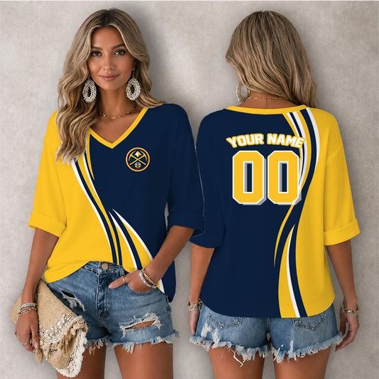 [HOT DEAL] NEW CUSTOMIZED NBA08 DNU DENVER NUGGETS WOMEN'S HEART V-NECK LONG SLEEVE SHIRT
