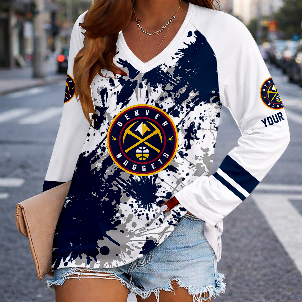 [HOT DEAL] NEW CUSTOMIZED NBA08 DNU DENVER NUGGETS WOMEN'S V-NECK LONG SLEEVED SHIRT
