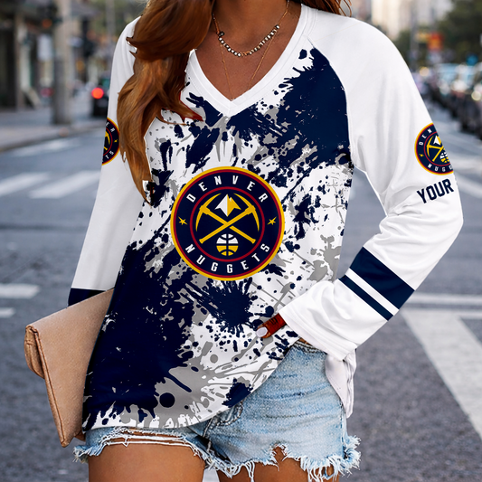 [HOT DEAL] NEW CUSTOMIZED NBA08 DNU DENVER NUGGETS WOMEN'S V-NECK LONG SLEEVED SHIRT