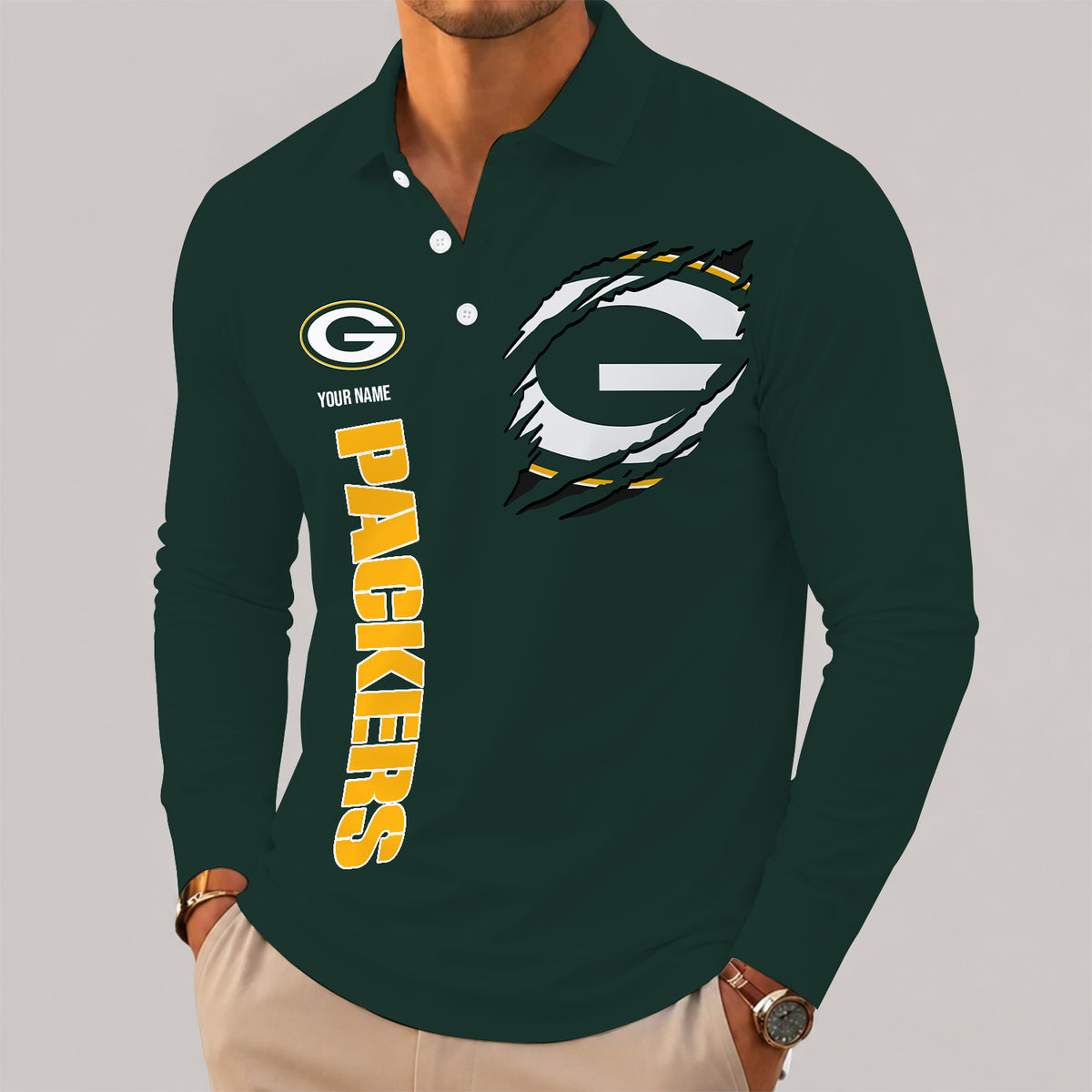 [SPECIAL OFFER] NEW CUSTOMIZED NFL08 GBP GREEN BAY PACKERS LONG SLEEVE POLO SHIRT