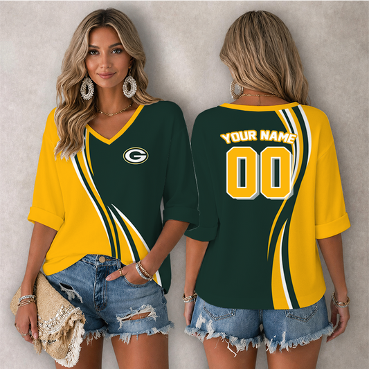 [SPECIAL OFFER] NEW CUSTOMIZED NFL08 GBP KHAKI BAY PACKERS WOMEN'S HEART V-NECK LONG SLEEVE SHIRT