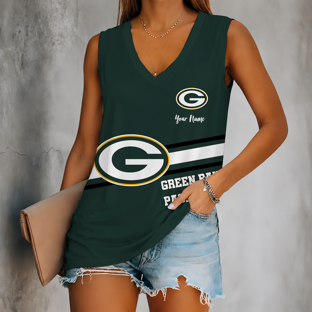 [SPECIAL OFFER] NEW CUSTOMIZED NFL08 GBP GREEN BAY PACKERS WOMEN'S V-NECK TANK TOP