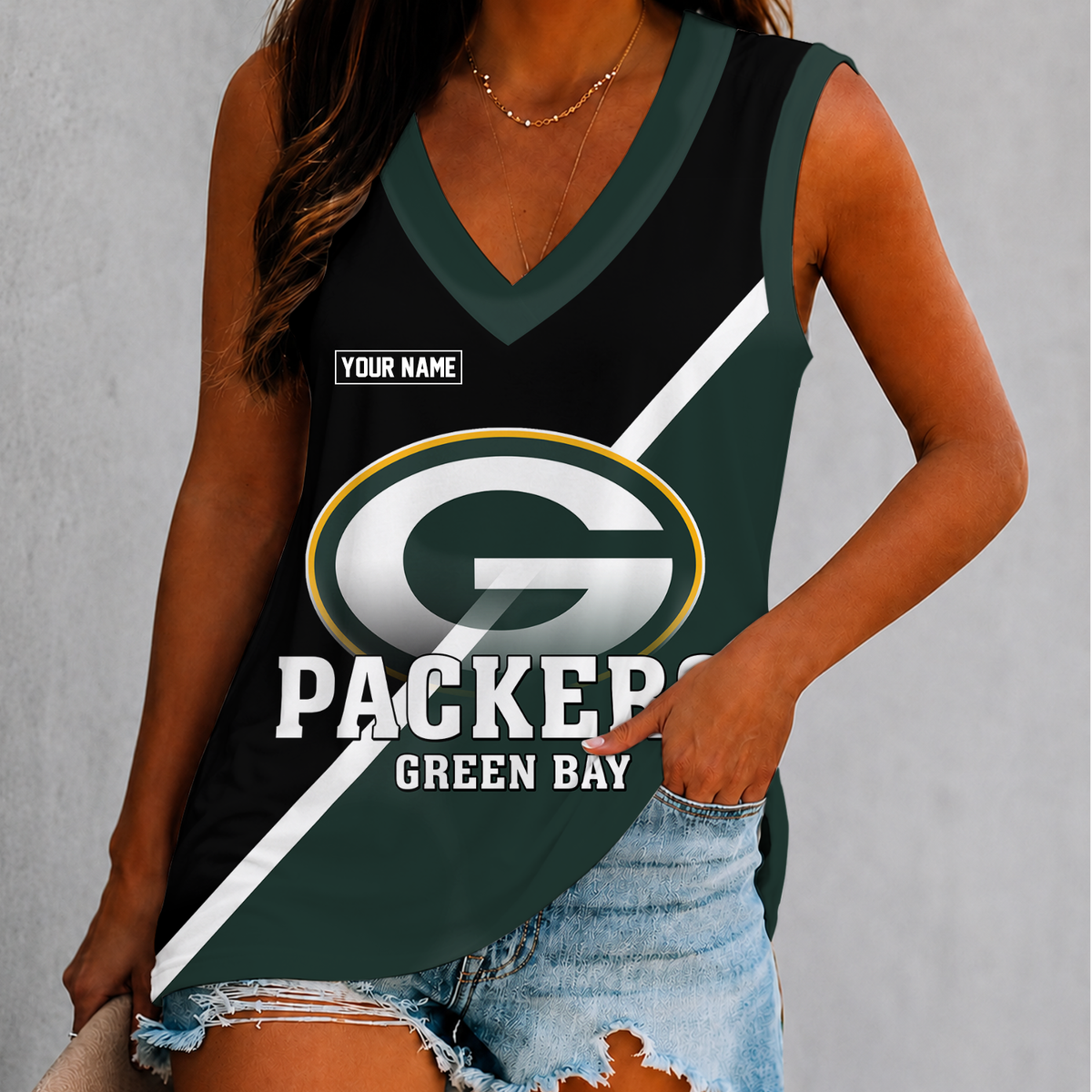 [SPECIAL OFFER] NEW CUSTOMIZED NFL08 GBP GREEN BAY PACKERS WOMEN'S V-NECK TANK TOP