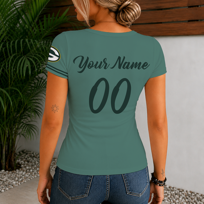 [SPECIAL OFFER] NEW CUSTOMIZED NFL08 GBP GREEN BAY PACKERS WOMEN'S SHORT SLEEVE HENLEY T-SHIRT