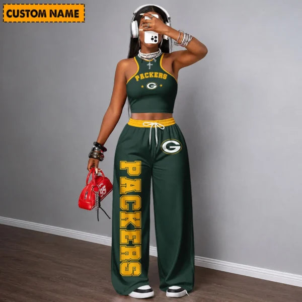 [SPECIAL OFFER] NEW CUSTOMIZED NFL08 GBP GREEN BAY PACKERS WOMEN'S CROP TOP & LONGPANTS SET