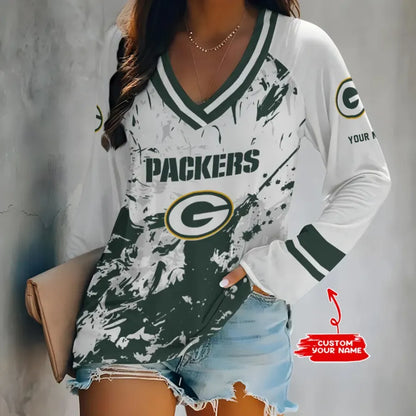 [HOT DEAL] NEW CUSTOMIZED NFL08 GBP GREEN BAY PACKERS WOMEN'S V-NECK LONG SLEEVED SHIRT