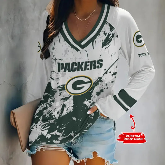 [HOT DEAL] NEW CUSTOMIZED NFL08 GBP GREEN BAY PACKERS WOMEN'S V-NECK LONG SLEEVED SHIRT