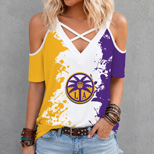[FAN FAVORITE] NEW CUSTOMIZED WNBA08 LAS LOS ANGELES SPARKS CRISS CROSS V-NECK TOP