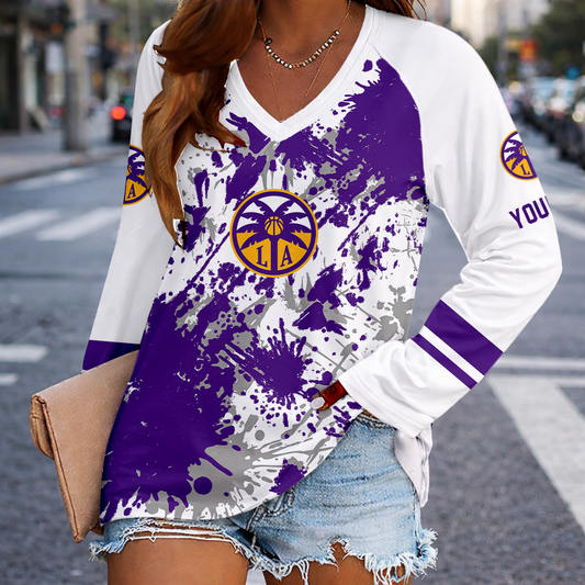 [FAN FAVORITE] NEW CUSTOMIZED WNBA08 LAS LOS ANGELES SPARKS V-NECK LONG SLEEVED SHIRT