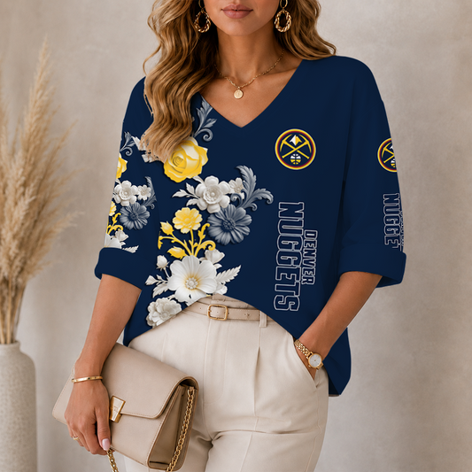 LIMITED EDITION - NEW CUSTOMIZED NBA08 DNU DENVER NUGGETS WOMEN'S V-NECK LONG SLEEVE SHIRT