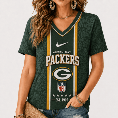 [SPECIAL OFFER] NEW CUSTOMIZED NFL08 GBP GREEN BAY PACKERS V-NECK FEMALE SHIRT