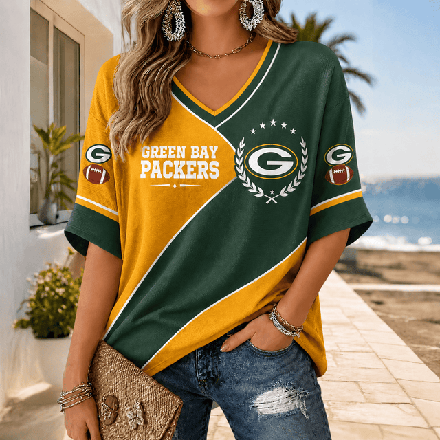 [SPECIAL OFFER] NEW CUSTOMIZED NFL08 GBP GREEN BAY PACKERS WOMEN'S HEART V-NECK LONG SLEEVE SHIRT