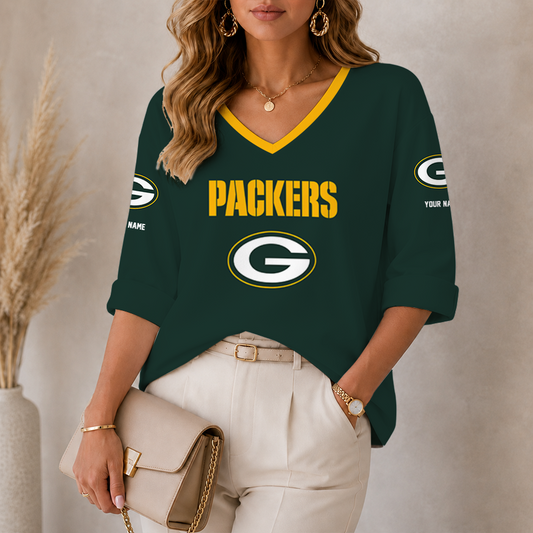 [SPECIAL OFFER] NEW CUSTOMIZED NFL08 GBP KHAKI BAY PACKERS WOMEN'S HEART V-NECK LONG SLEEVE SHIRT