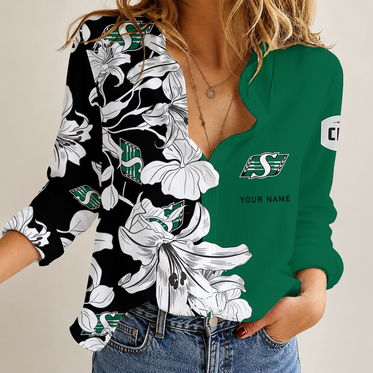 [FAN EXCLUSIVE] NEW CUSTOMIZED CFL08 SSK SASKATCHEWAN ROUGHRIDERS STRAPPY WOMEN CASUAL SHIRT