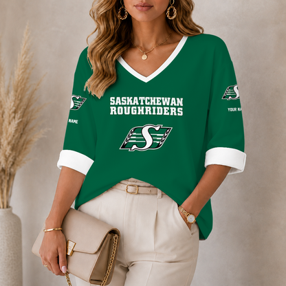 [FAN EXCLUSIVE] NEW CUSTOMIZED CFL08 SSK SASKATCHEWAN ROUGHRIDERS STRAPPY WOMEN'S HEART V-NECK LONG SLEEVE SHIRT