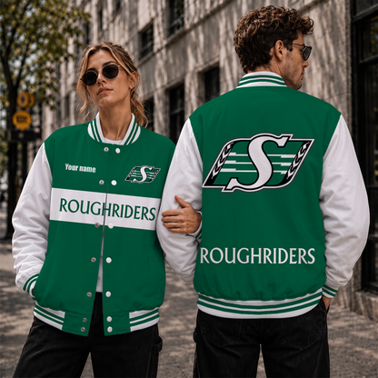 [FAN EXCLUSIVE] NEW CUSTOMIZED CFL08 SSK SASKATCHEWAN ROUGHRIDERS STRAPPY BASEBALL JACKET, SATIN VARSITY JACKET