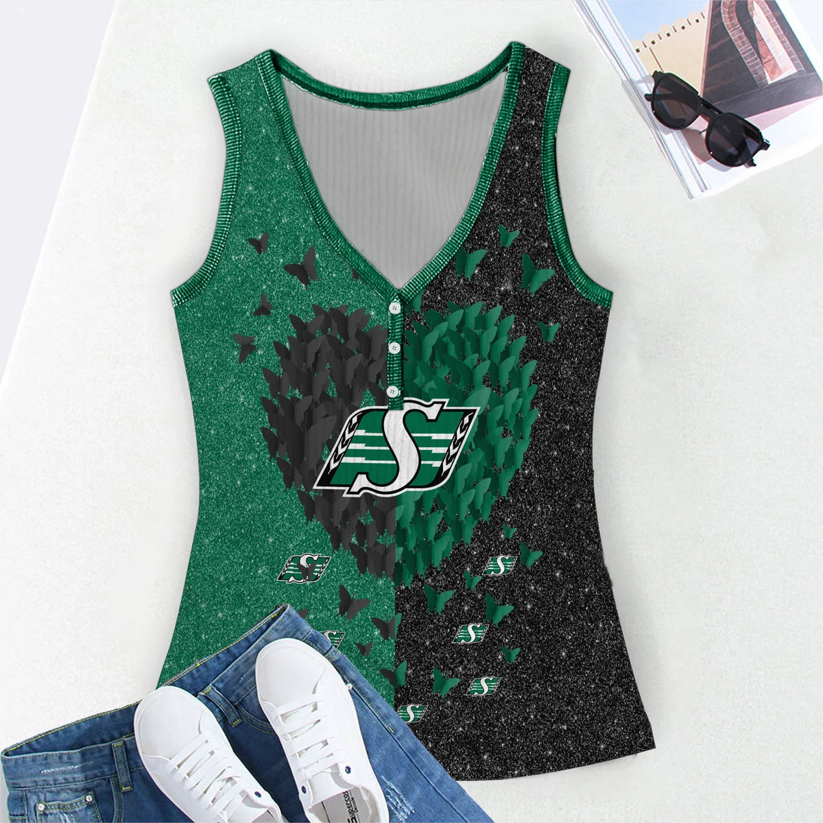 [FAN EXCLUSIVE] NEW CUSTOMIZED CFL08 SSK SASKATCHEWAN ROUGHRIDERS WOMEN'S V-NECK TANK TOP