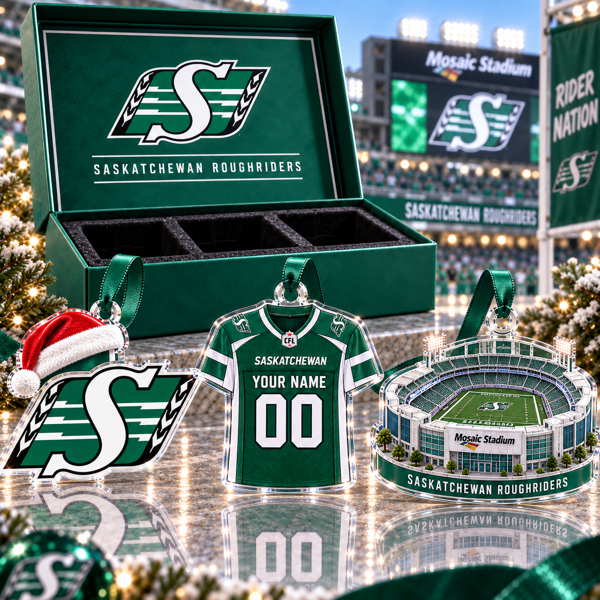 [FULL SET 3 ITEMS - NO BOX] NEW CUSTOMIZED CFL08 SSK SASKATCHEWAN ROUGHRIDERS CHRISTMAS ACRYLIC ORNAMENT