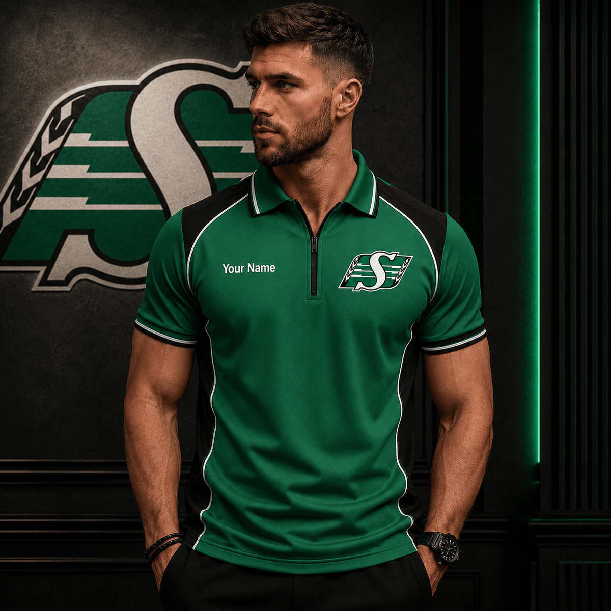 [SPECIAL OFFER] NEW CUSTOMIZED CFL08 SSK SASKATCHEWAN ROUGHRIDERS ZIP POLO SHIRT