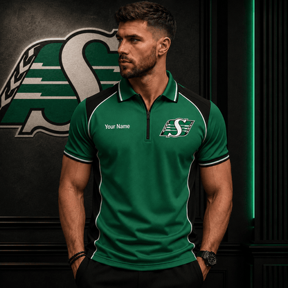 [SPECIAL OFFER] NEW CUSTOMIZED CFL08 SSK SASKATCHEWAN ROUGHRIDERS ZIP POLO SHIRT