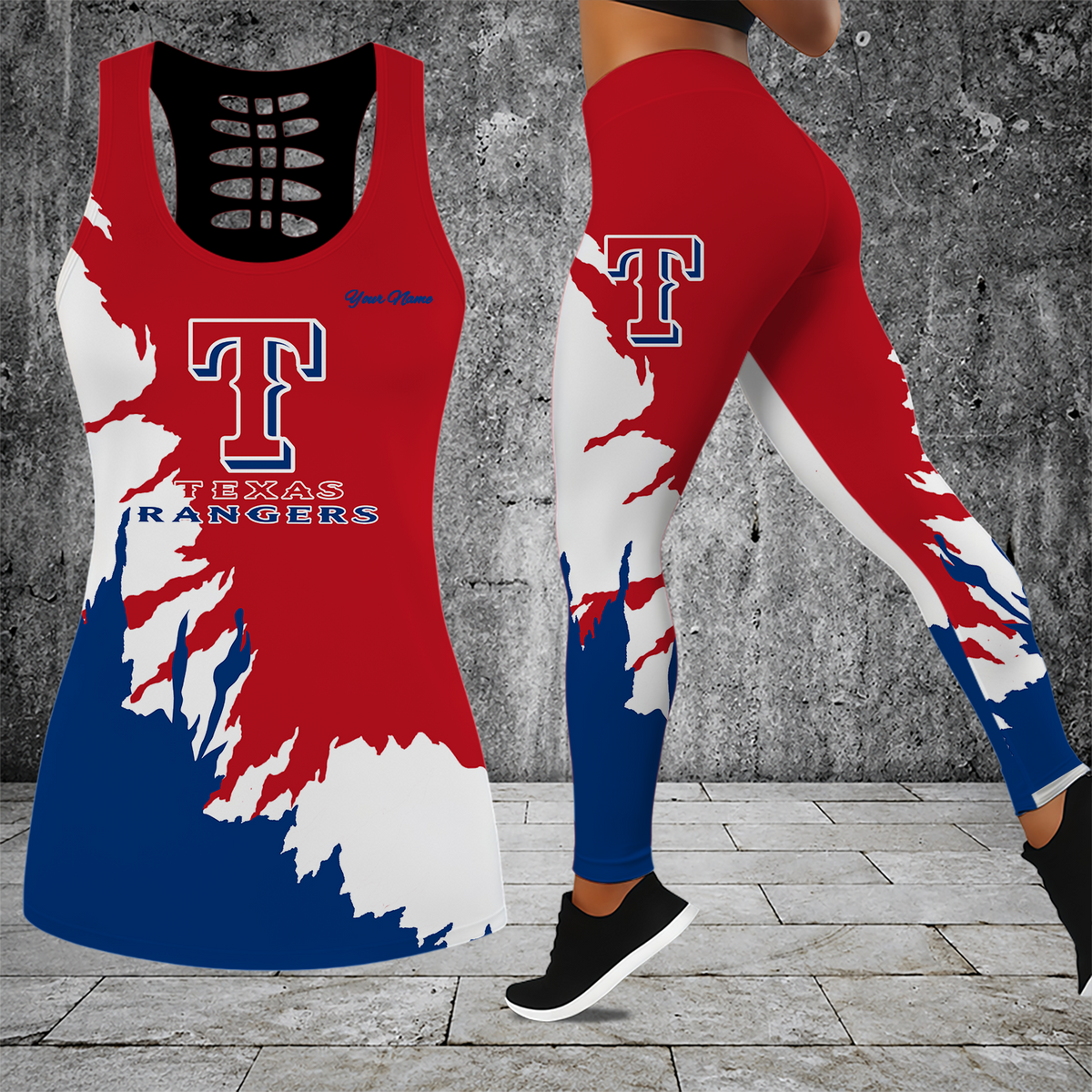 [FLASH SALE] NEW CUSTOMIZED MLB08 TRS TEXAS RANGERS HOLLOW TANK TOP & LEGGINGS SET